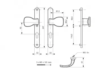 PSG 63.202.92.00 Escutcheon with knob 92 H=247 L=32, black, rectangular cover