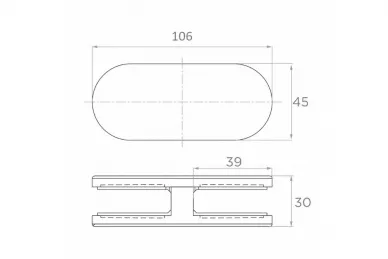 PSG N01.18D5.4US 180° glass clamp, 106x45x30mm, safety pin, glass 6-12.76mm (AISI 304, universal, satin)
