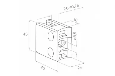 PSG N01.45K1.4BS Glass clamp 45x45x26 mm, glass 6-10.76 mm (AISI 304, 42.4 system, satin)
