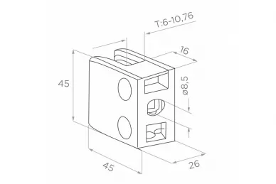 PSG N01.45K1.ZXR Glass clamp 45X45X26 mm, glass 6-10.76 mm (zamak, flat system, raw surface)