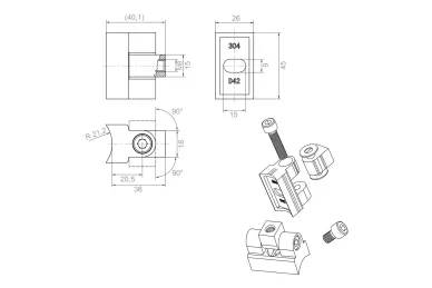 PSG N01.45K1Z180.4BS 180° hinge for 45 x 45 x 26 mm glass clamp - AISI 304, satin