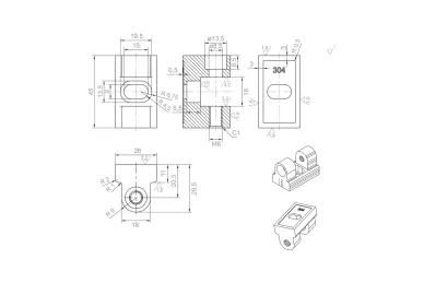 PSG N01.45K1Z180.4XS Zawias 180° do uchwytu do szkła 45 x 45 x 26 mm - system płaski, AISI304, satyna