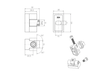 PSG N01.45K1Z180.4XS Zawias 180° do uchwytu do szkła 45 x 45 x 26 mm - system płaski, AISI304, satyna