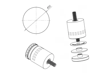 PSG N01.5015N.4XS Uchwyt punktowy rotula do szkła, do powierzchni płaskiej, fi 50/50/M10X90 - szkło 8 - 17,52 mm, pusty dystans, AISI304, satyna