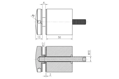 PSG N01.5015N.4XS Uchwyt punktowy rotula do szkła, do powierzchni płaskiej, fi 50/50/M10X90 - szkło 8 - 17,52 mm, pusty dystans, AISI304, satyna