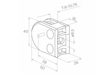 PSG N01.50D1.ZBR Glass clamp 50x40x26 mm, safety pin, glass 6-10.76 mm (zamak, 42.4 system, raw surface)