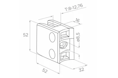 PSG N01.52K2.4BS Glass clamp 52x52x32 mm with bracket, safety pin, glass 8-12.76 mm (AISI 304, 42.4 system, satin)