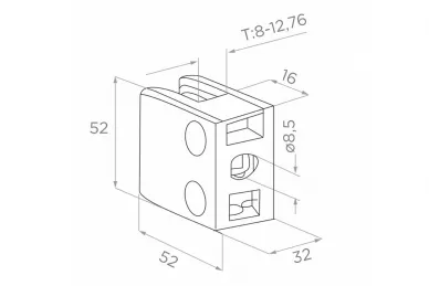 PSG N01.52K2.4XS Glass clamp 52x52x32 mm with bracket, safety pin, glass 8-12.76 mm (AISI 304, flat system, satin)