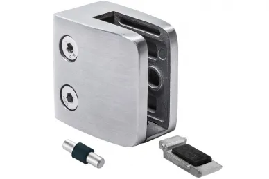 PSG N01.52K2.4XS Glass clamp 52x52x32 mm with bracket, safety pin, glass 8-12.76 mm (AISI 304, flat system, satin)