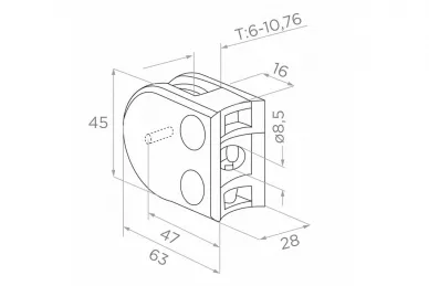 PSG N01.63D1.4BP Glass clamp 63x45x28mm, safety pin, glass 6-10.76mm (AISI304, system 42.4, gloss)