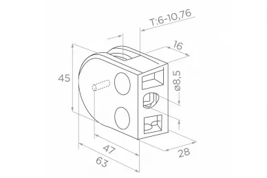 PSG N01.63D1.4XS Uchwyt do szkła 63x45x28mm, pin zabezp., szkło 6-10,76mm (aisi304, syst.płaski, satyna)