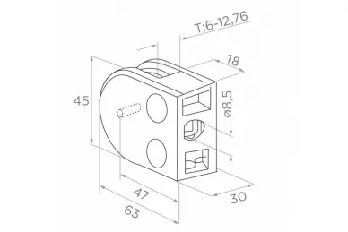 PSG N01.63D3.4XS Uchwyt do szkła 63x45x30mm ze wspornikiem, pin zabezp., szkło 6-12,76mm (aisi304, syst.płaski, satyna)