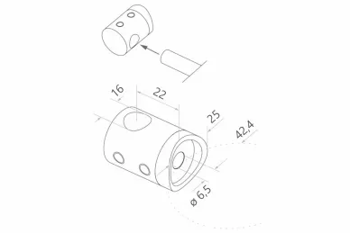 PSG N02.0316.4BS Right end holder for dia. 16mm rod/tube, mounting to 42.4mm tube (AISI304, system 42.4, satin)