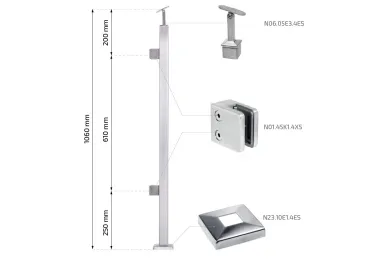 PSG N31.2465.4ES Stainless steel left end balustrade post – 40x40x1060/1100 mm/ 2 glass clamps, brushed