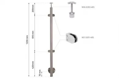 PSG N31.3049.4BS Słupek narożny fi 42,4x1230mm, 4 uchwyty do szkła, moc.boczne (aisi304, syst.42,4, satyna)
