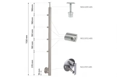 PSG N31.4246.4BS Middle post fi 42.4x1130mm, 4 crossbar holders for fi 12mm tubes, side mounting on the crossbar side (AISI 304, 42.4 system, satin)