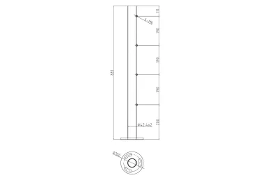 PSG N31.B1606.4BS Słupek balustradowy środkowy, nieuzbrojony fi 42,4 x 881mm - 4 otwory z gwintem M6, mocowanie w podłogę, satyna